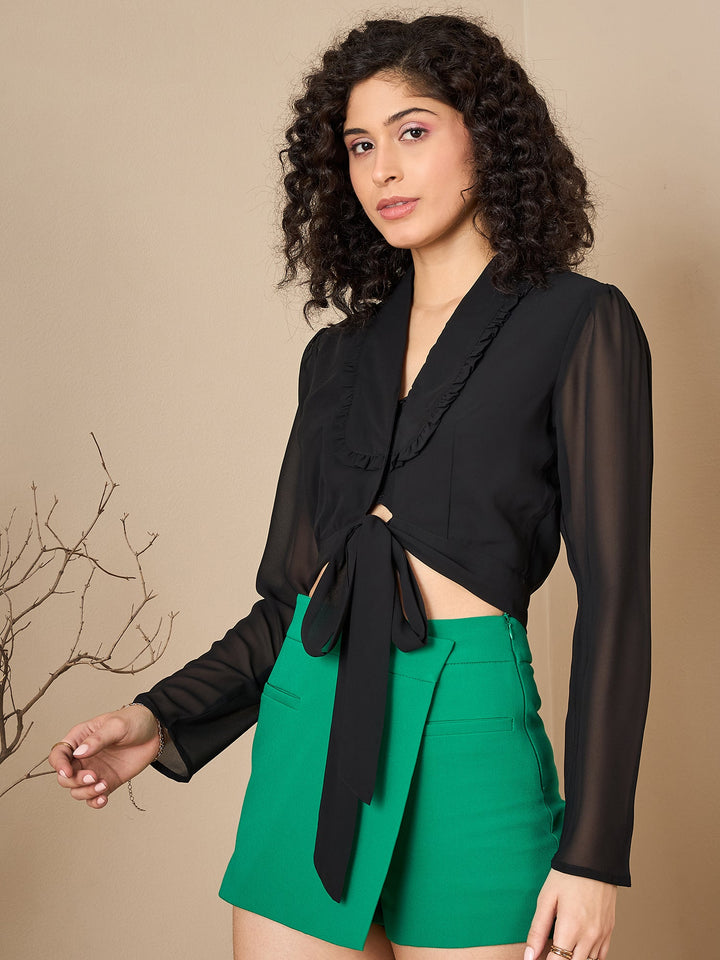 Georgette Solid Black Zoom Collar Top