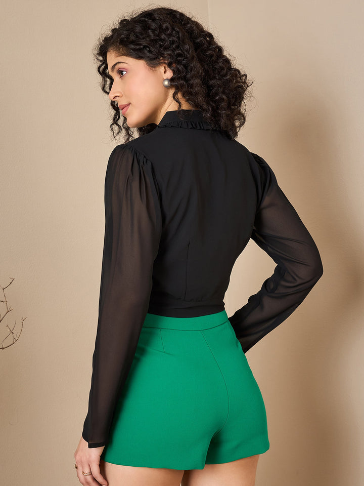 Georgette Solid Black Zoom Collar Top