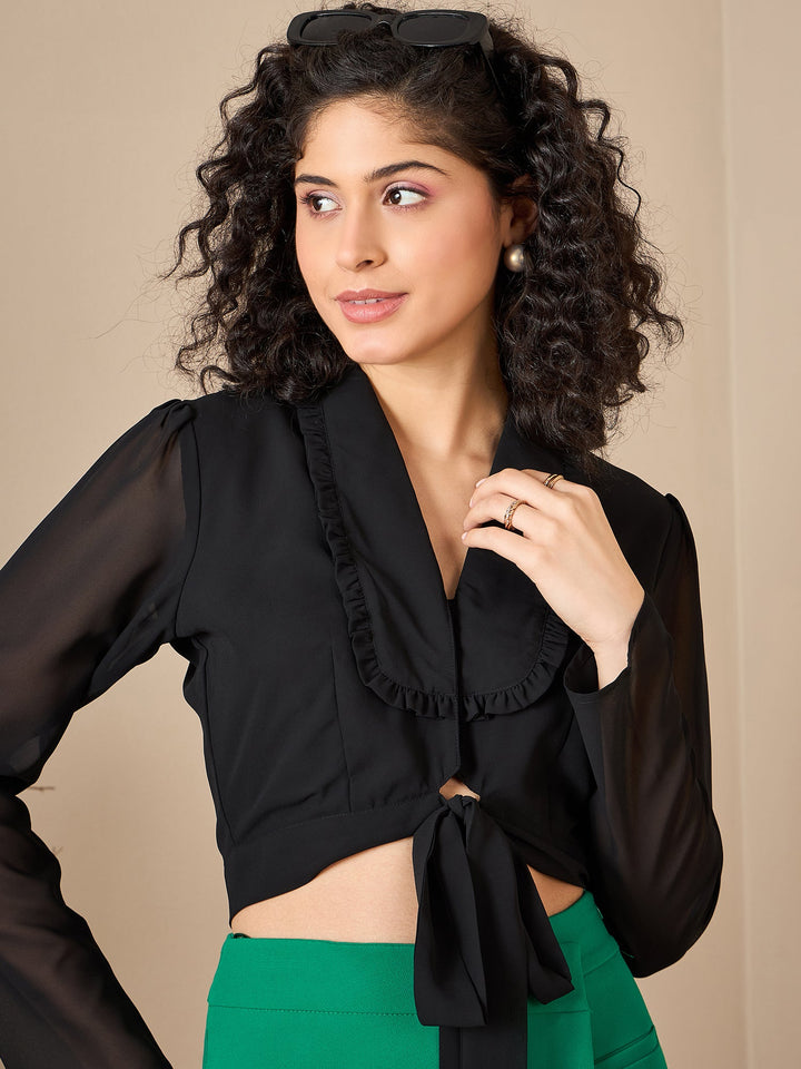 Georgette Solid Black Zoom Collar Top