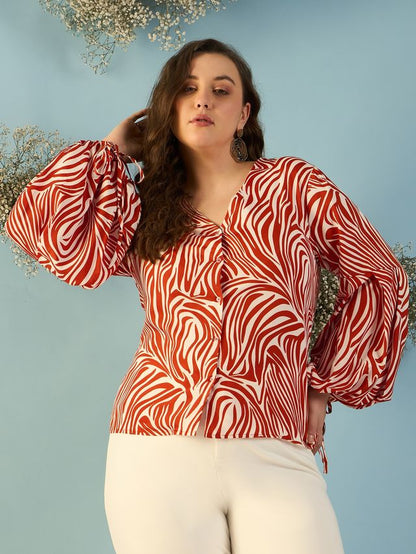 Print Puff Sleeve Crepe Top