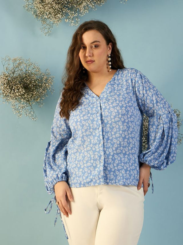 Kibo Curve Women Plus Size Floral Print Crepe Blue Shirt Style Top