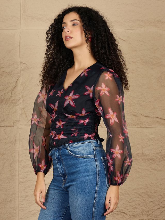 Floral Print Puff Sleeve Smocked Top