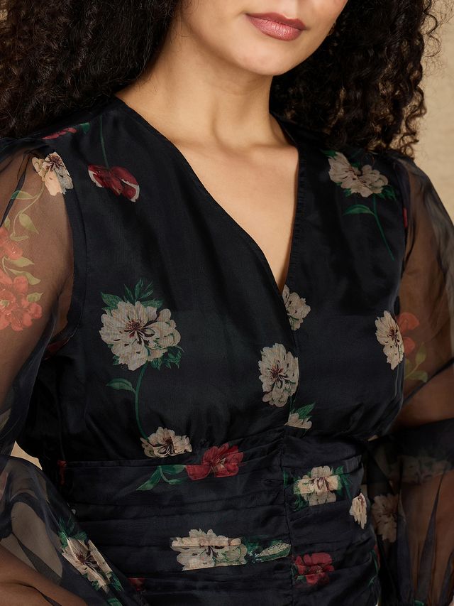 Floral Print Puff Sleeve Smocked Top