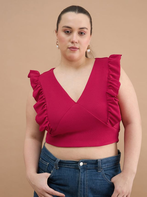 Kibo Curve Women Plus Size  Flutter Sleeve Fitted Pink Crop Top