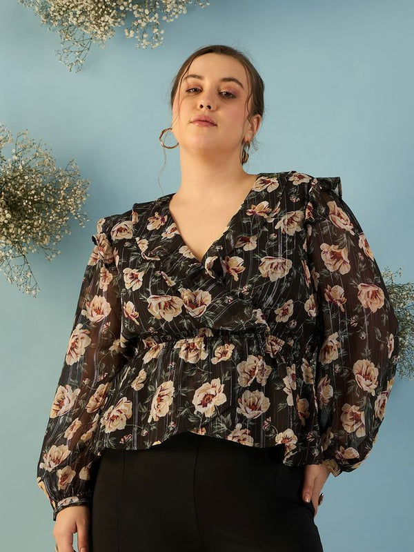 Kibo Curve Women Plus Size Floral Print Puff Sleeve Georgette Wrap Top