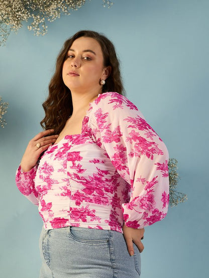 Floral Print Puff Sleeve Georgette Top