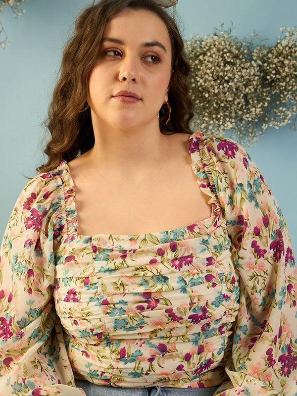 Kibo Curve Women Plus Size Floral Print Puff Sleeve Off white  Georgette Top