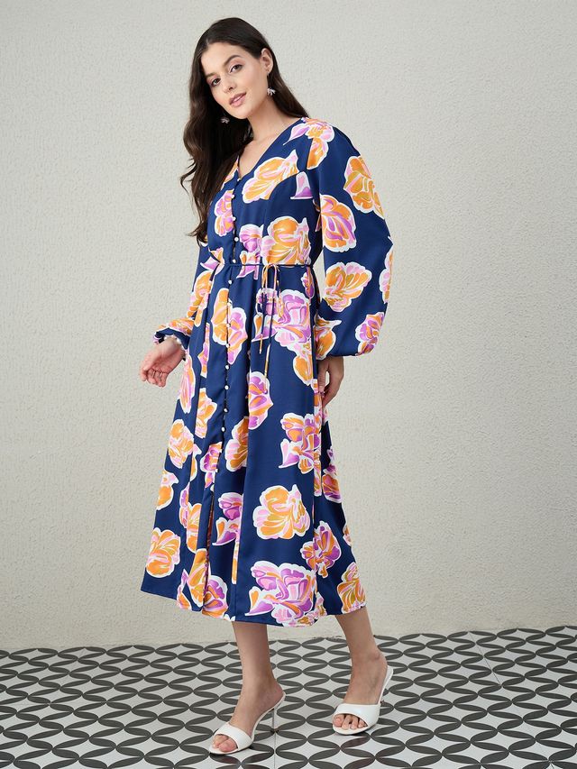 V-NECK A-LINE MIDI DRESS