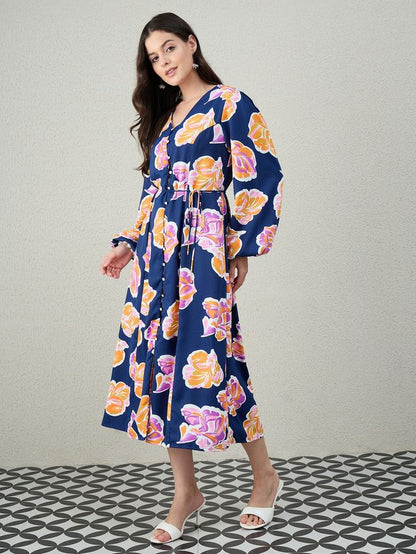 V-NECK A-LINE MIDI DRESS