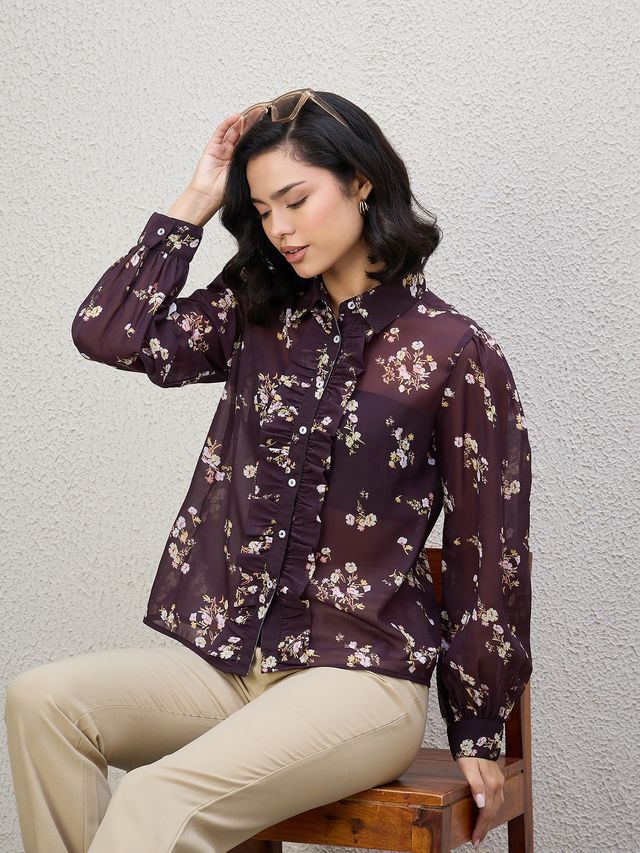 FLORAL PRINT FRILL SHIRT