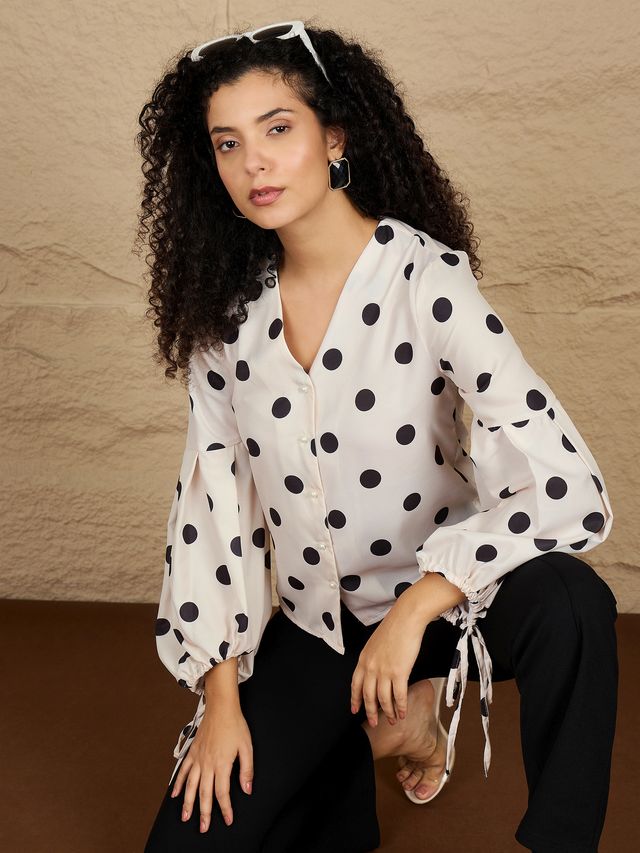 Polka Dot Print Bishop Sleeves Top