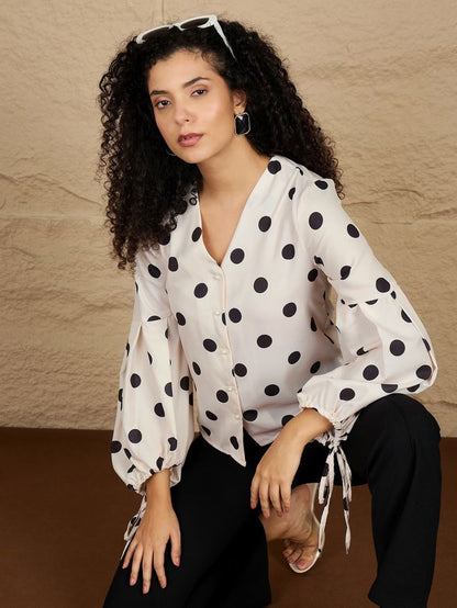 Polka Dot Print Bishop Sleeves Top