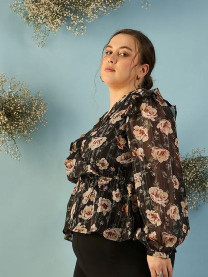 Floral Print Puff Sleeve Georgette Wrap Top