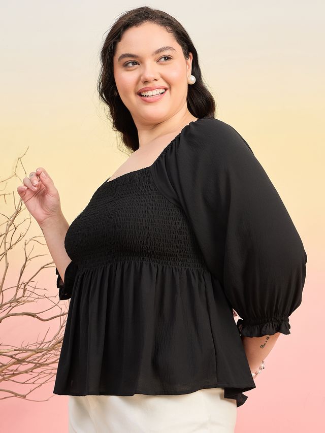 Smocked Crepe Peplum Top