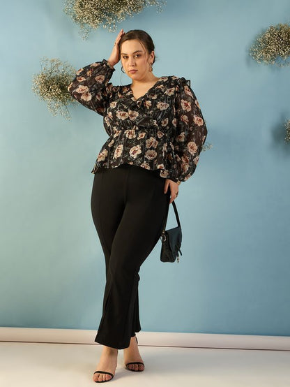Floral Print Puff Sleeve Georgette Wrap Top