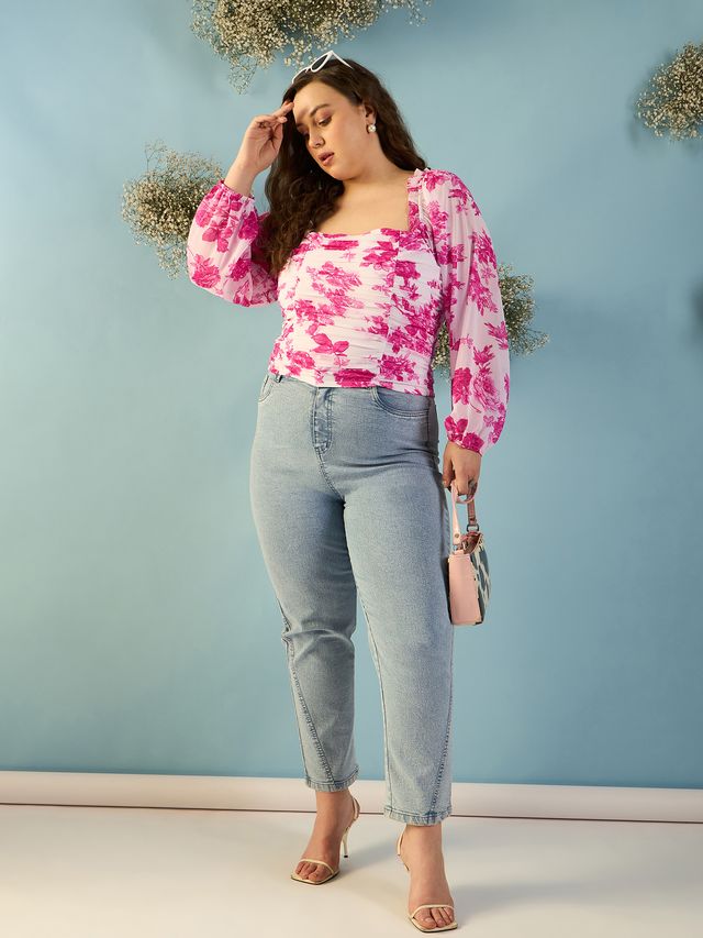 Floral Print Puff Sleeve Georgette Top