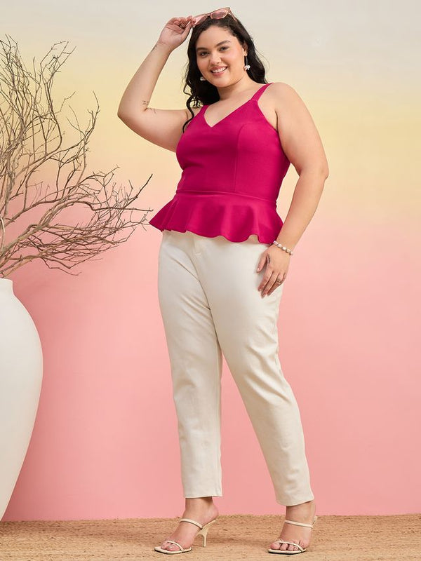 Kibo Curve Women Plus Size  Shoulder Straps Pink Peplum Top