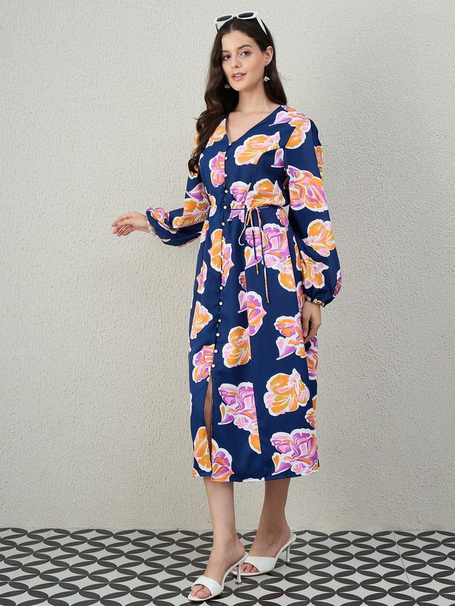 V-NECK A-LINE MIDI DRESS