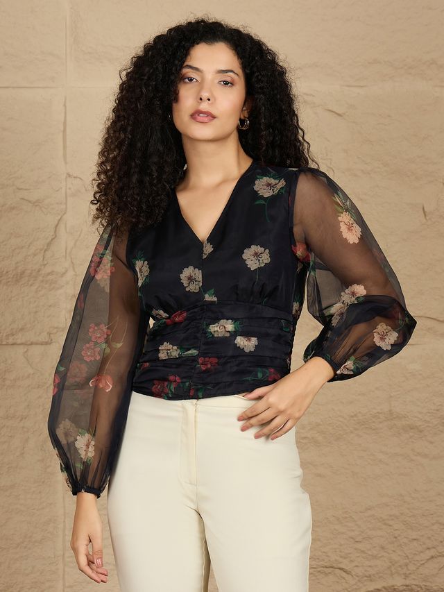 Floral Print Puff Sleeve Smocked Top