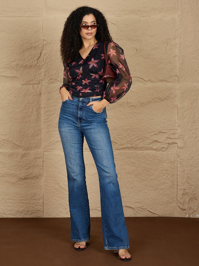 Floral Print Puff Sleeve Smocked Top