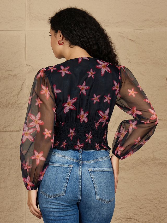 Floral Print Puff Sleeve Smocked Top