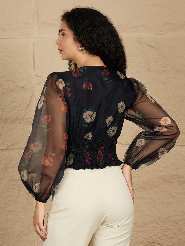 Floral Print Puff Sleeve Smocked Top