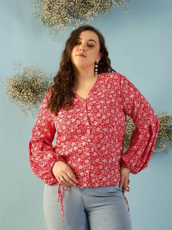 Kibo Curve Women Plus Size Floral Print Crepe Red Shirt Style Top